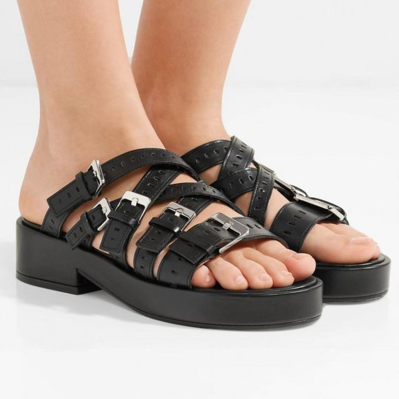 Robert Clergerie Shoes - Clergerie Fantom Buckled Laser-Cut Leather Platform Sandals Black